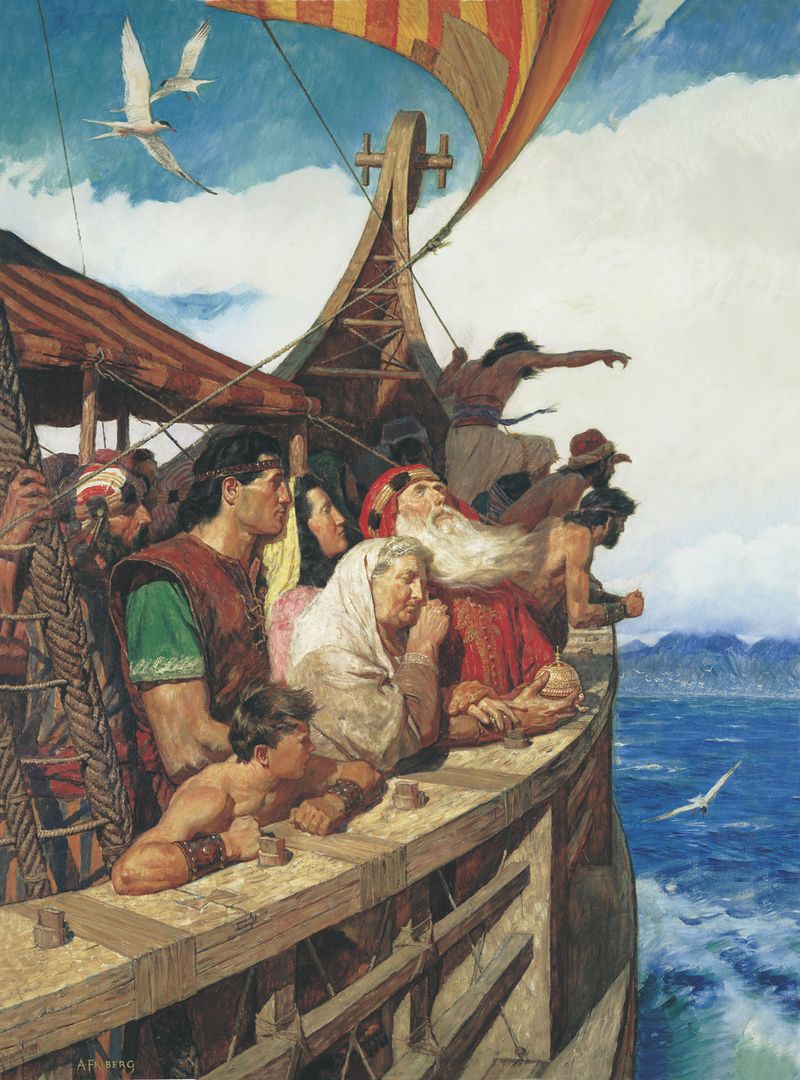 Léhi et sa famille naviguent vers la terre promise dans le Livre de Mormon